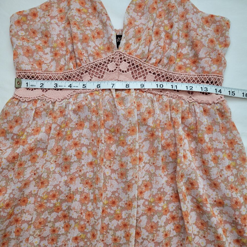 Almost Famous Floral Mini Dress Crochet Waist Ruffle Hem Sun Dress Boho Large - Picture 9 of 11